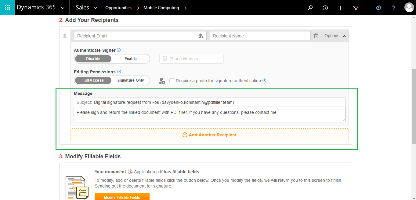 DaDaDocs integrates with Dynamics 365 account