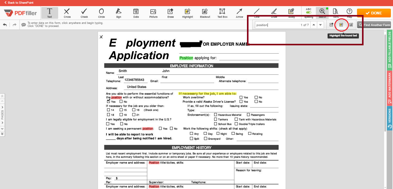 Highlight Text In PDFs Online in SharePoint PDFfiller